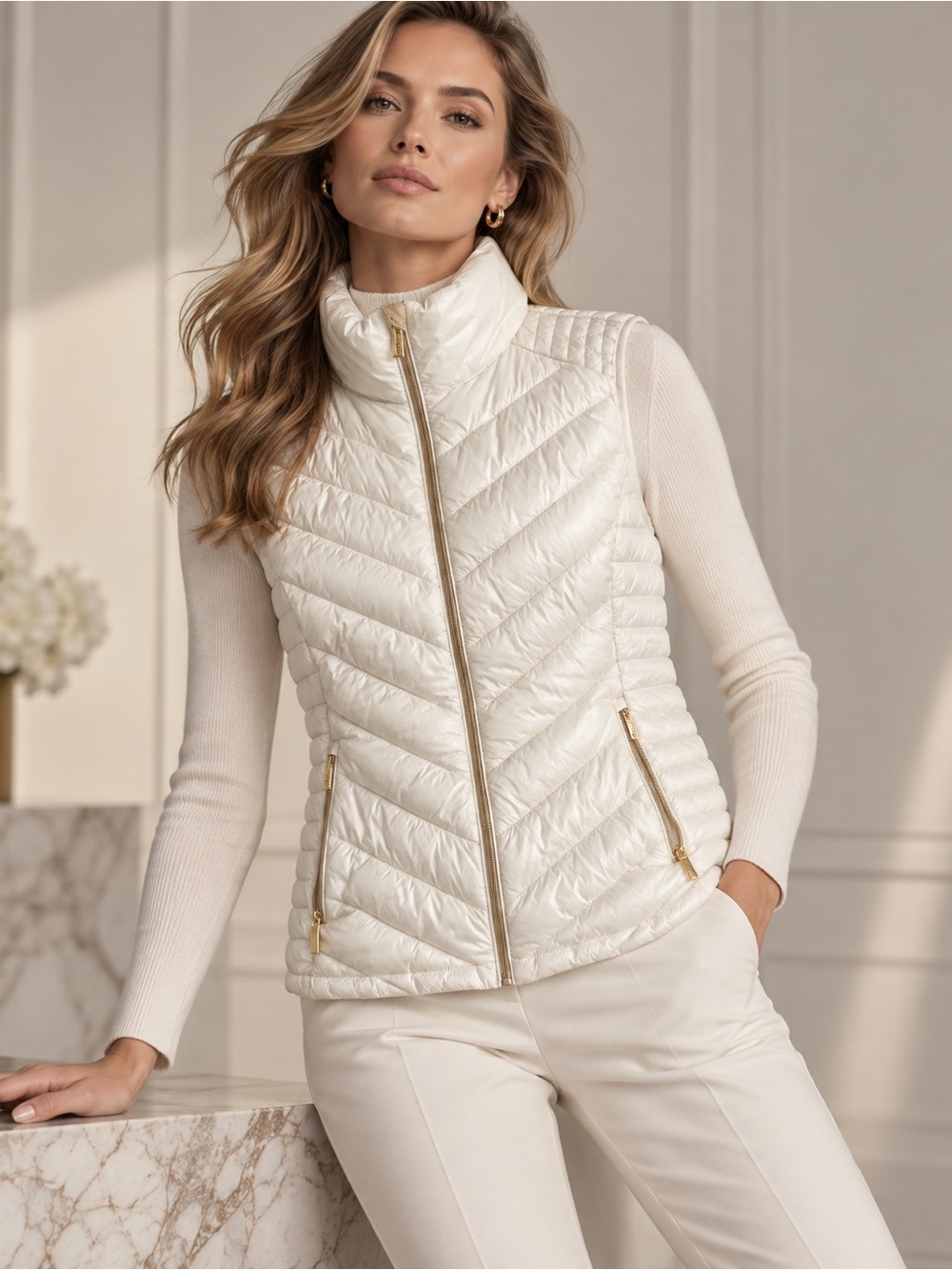 Michael Kors Packable Quilted Puffer Vest White Size XL Gold Hardware - Picture 4 of 17